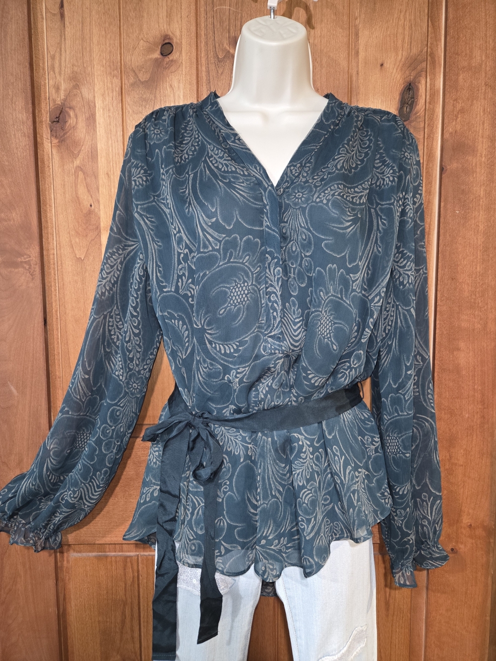 Simply Vera Vera Wang Teal Floral Blouse with Tie Waist